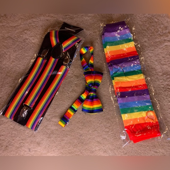 Accessories - New 3 piece Rainbow Pride costume set suspenders bowtie arm warmers LGBTQ OS